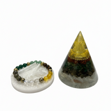 Dhanyog Energy Manifestation Combo  Raw Selenite Tray • Dhanyog Bracelet • Energy Cone