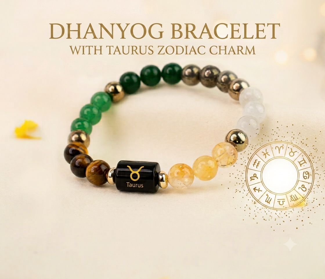 Dhan Yog Bracelet with Personalized Zodiac Charm 🎁 Get a FREE Raw Selenite Charging Plate & FREE DhanYog Self-Charging Cone (Worth ₹999) with Every Bracelet.