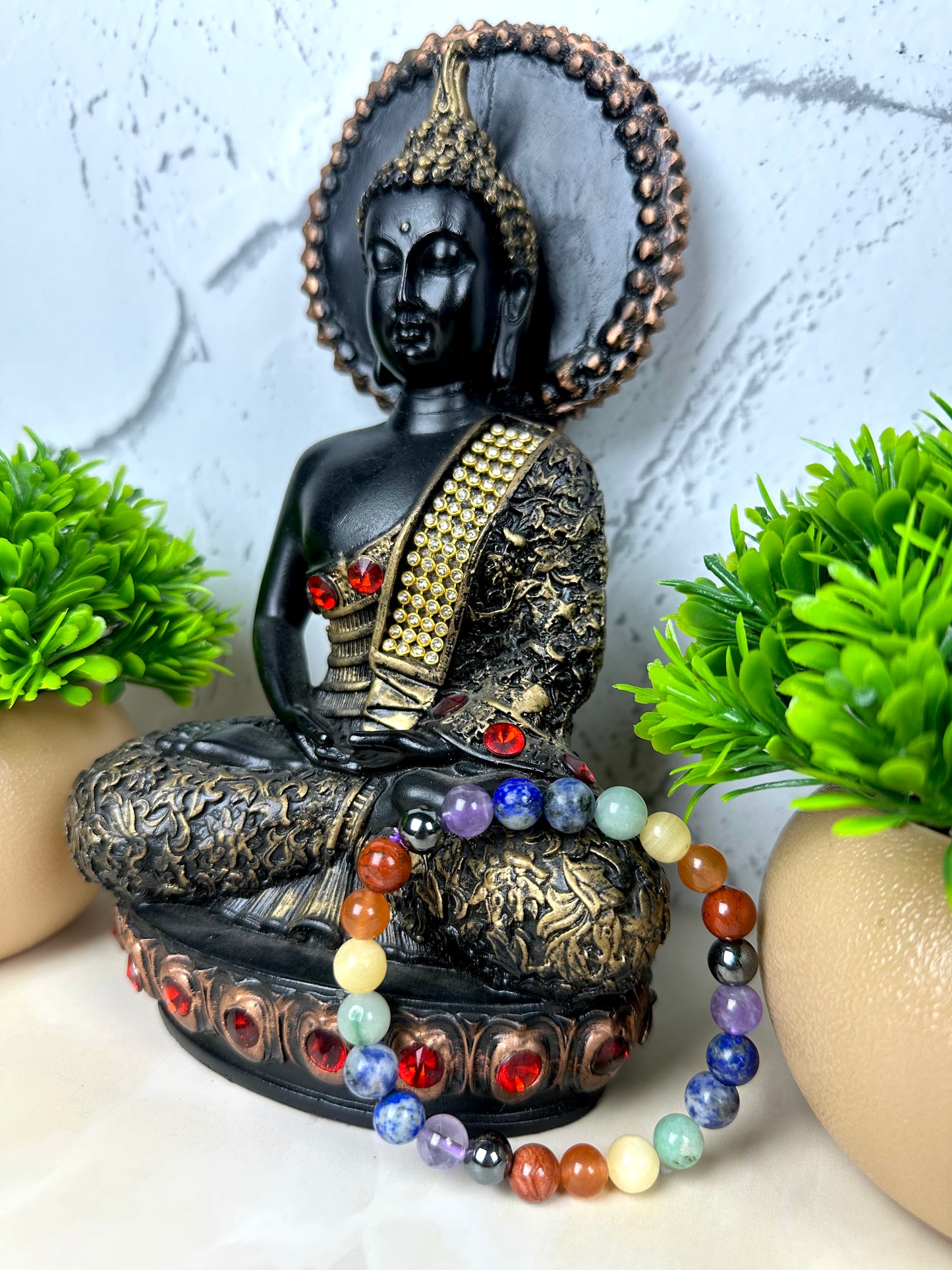 Natural 7 Chakra Bracelet 8 mm Red Jasper, Carnelian, Yellow Aventurine, Green Aventurine, Turquoise, Sodalite, Amethyst, and Hematite Round Beads Bracelet For Unisex Adult