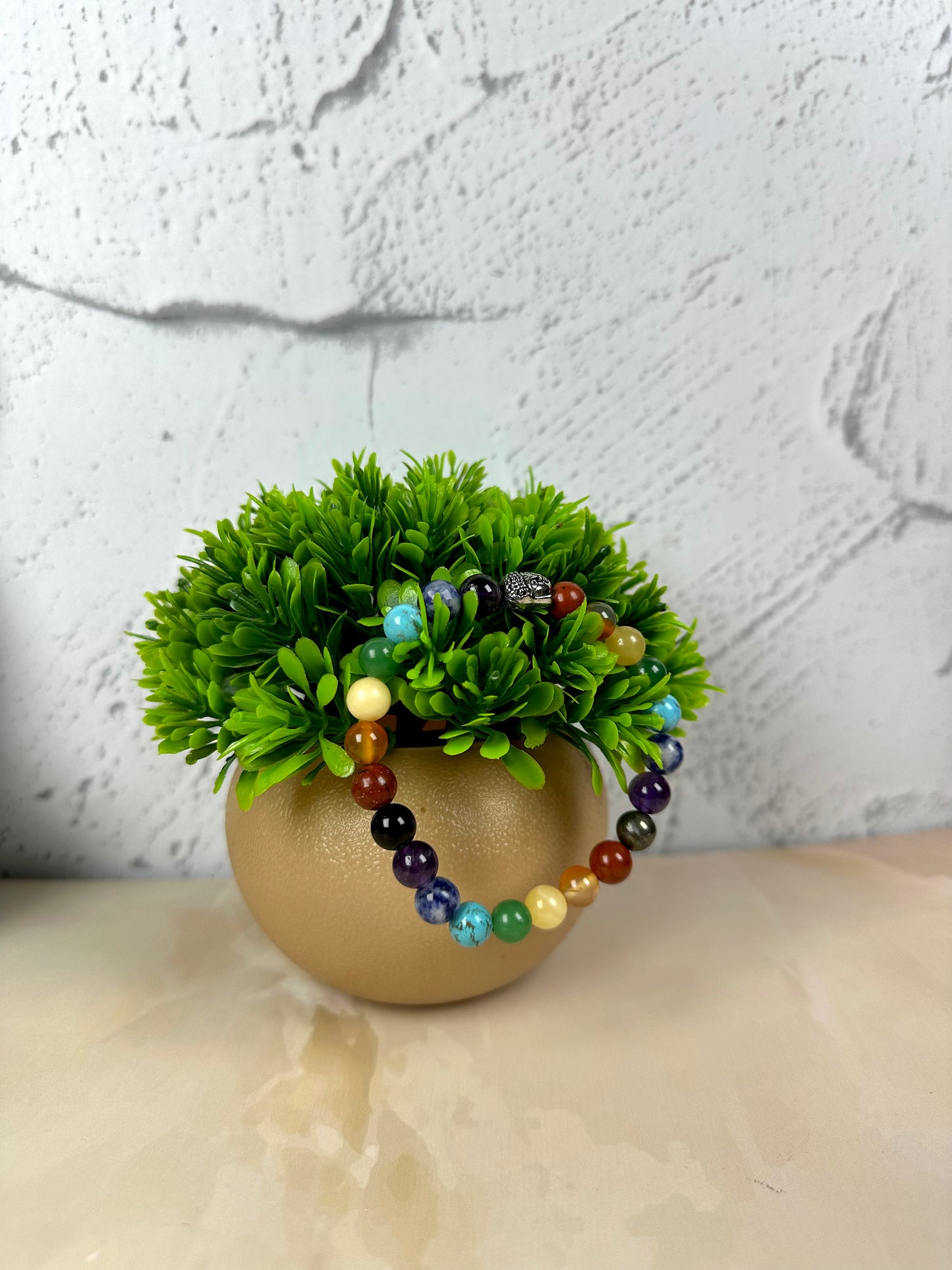 Super 9 Chakra 8 mm Red Jasper, Carnelian, Yellow Aventurine, Green Aventurine, Turquoise, Sodalite, Amethyst, Pyrite, and Black Onyx  Bracelet