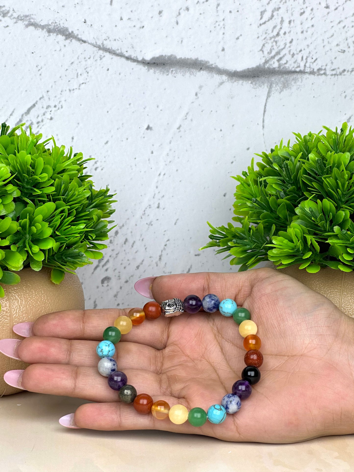 Super 9 Chakra 8 mm Red Jasper, Carnelian, Yellow Aventurine, Green Aventurine, Turquoise, Sodalite, Amethyst, Pyrite, and Black Onyx  Bracelet
