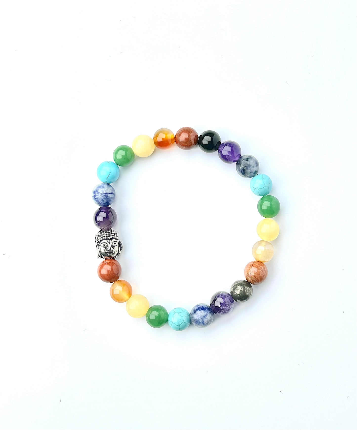 Super 9 Chakra 8 mm Red Jasper, Carnelian, Yellow Aventurine, Green Aventurine, Turquoise, Sodalite, Amethyst, Pyrite, and Black Onyx  Bracelet