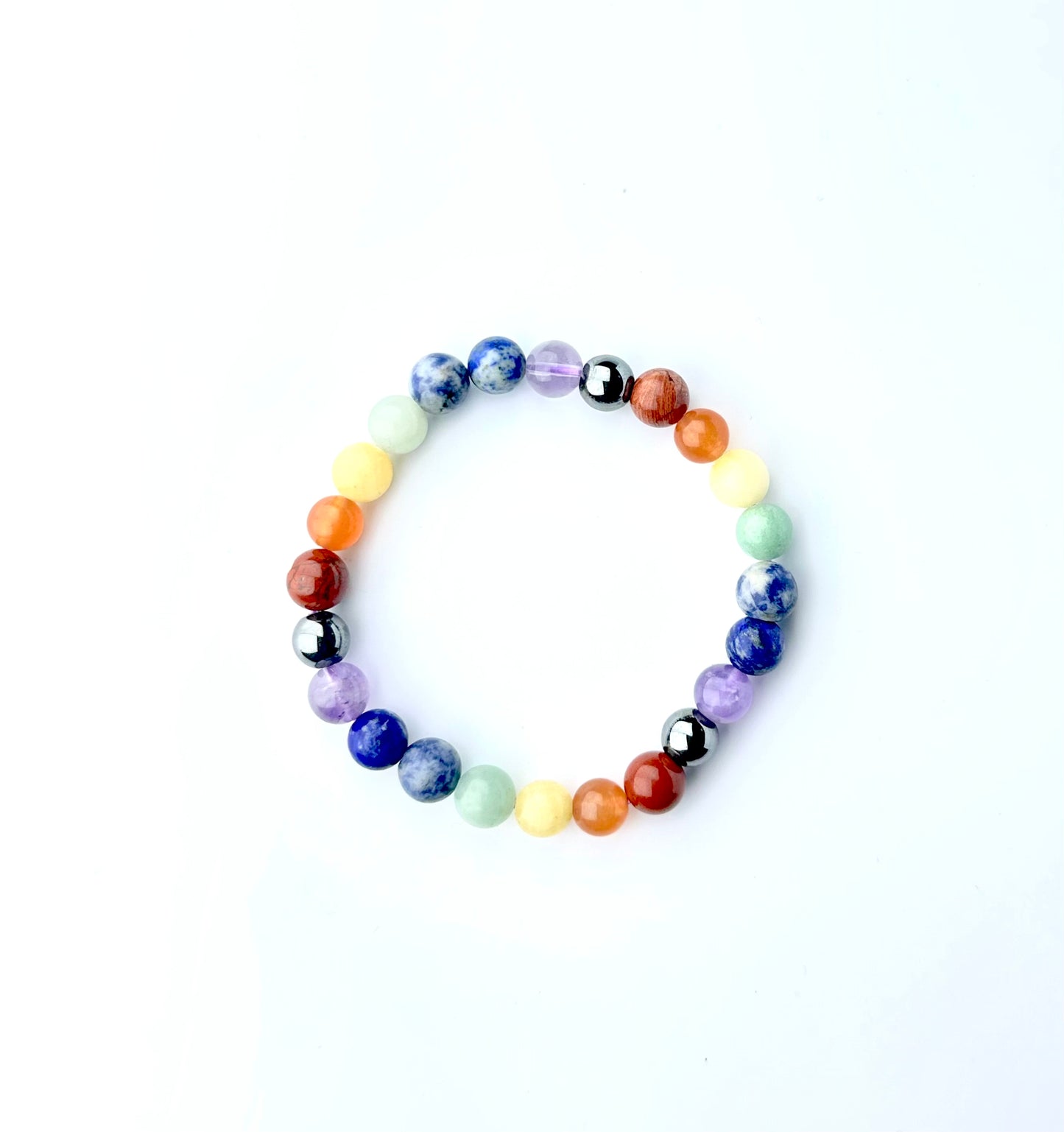 Natural 7 Chakra Bracelet 8 mm Red Jasper, Carnelian, Yellow Aventurine, Green Aventurine, Turquoise, Sodalite, Amethyst, and Hematite Round Beads Bracelet For Unisex Adult
