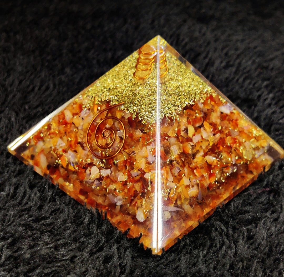 Carnelian Crystal Pyramid with copper coil – Vitality, Creativity, and Personal Empowerment
