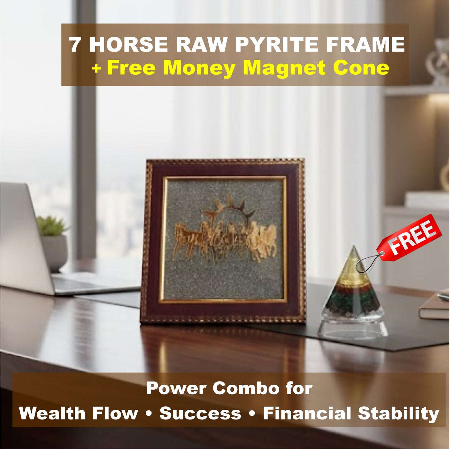 Oracle Horizon – 7 Horse Raw Pyrite Frame with Money Magnet Cone Power Combo for Wealth Flow • Success • Financial Stability