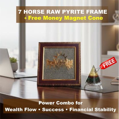 Oracle Horizon – 7 Horse Raw Pyrite Frame with Money Magnet Cone Power Combo for Wealth Flow • Success • Financial Stability