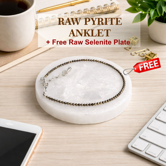 Oracle Horizon – Raw Pyrite Prosperity Combo ✨ Pyrite Anklet + FREE Selenite Charging Tray