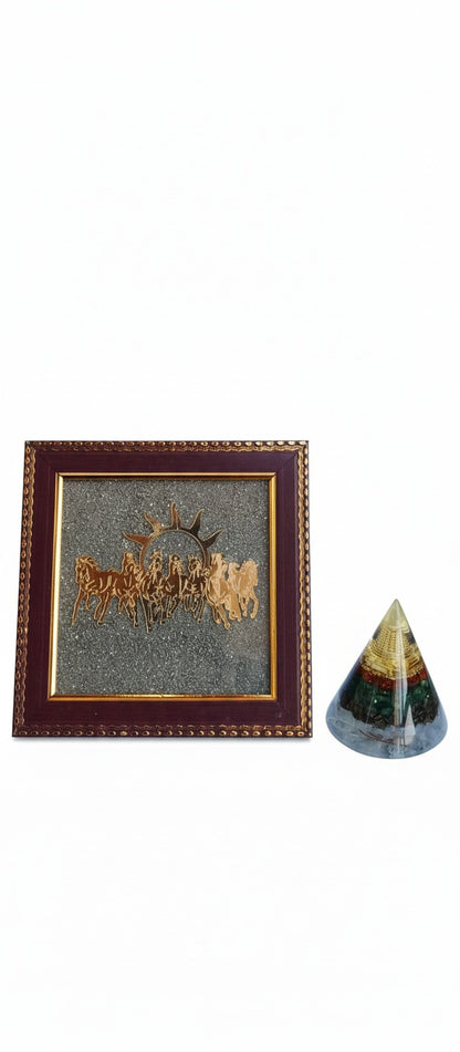 Oracle Horizon – 7 Horse Raw Pyrite Frame with Money Magnet Cone Power Combo for Wealth Flow • Success • Financial Stability