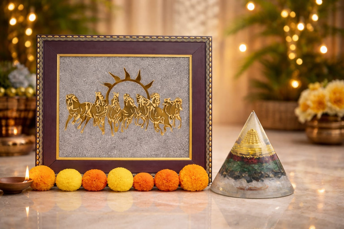 Oracle Horizon – 7 Horse Raw Pyrite Frame with Money Magnet Cone Power Combo for Wealth Flow • Success • Financial Stability