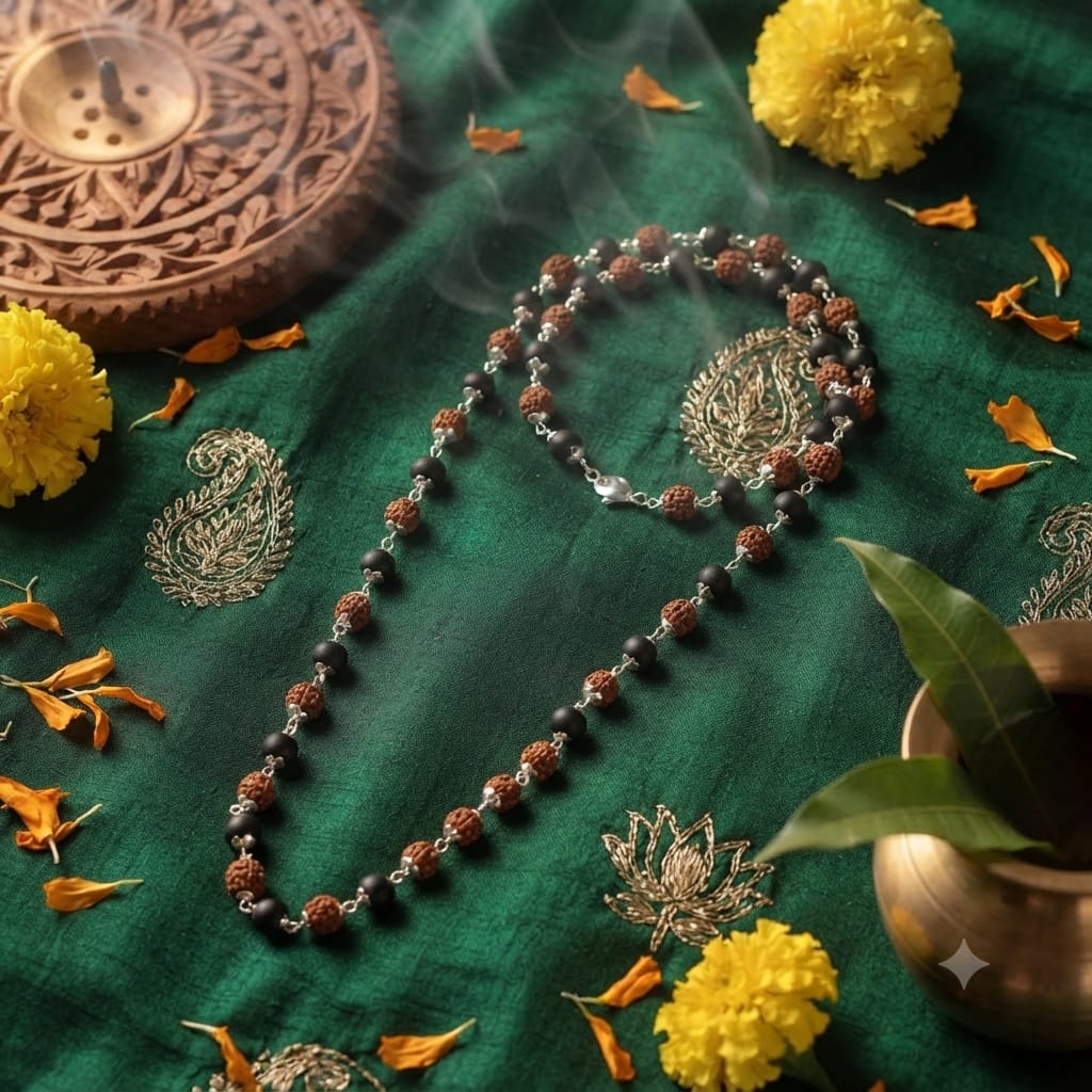 Divine Raksha Rudraksha & Karungali Silver Plated Mala