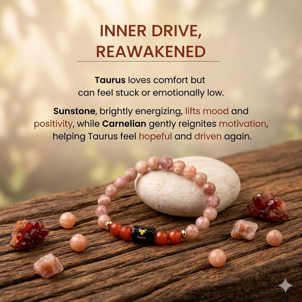Taurus (वृषभ राशि) Zodiac Sunstone & Carnelian Bracelet  (Bracelet + Free Raw Selenite Tray ✨)
