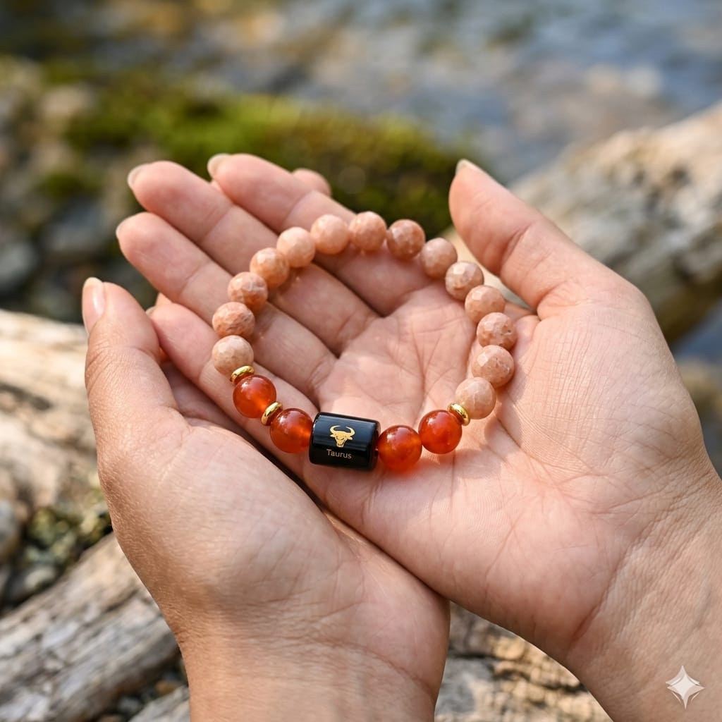 Taurus (वृषभ राशि) Zodiac Sunstone & Carnelian Bracelet  (Bracelet + Free Raw Selenite Tray ✨)