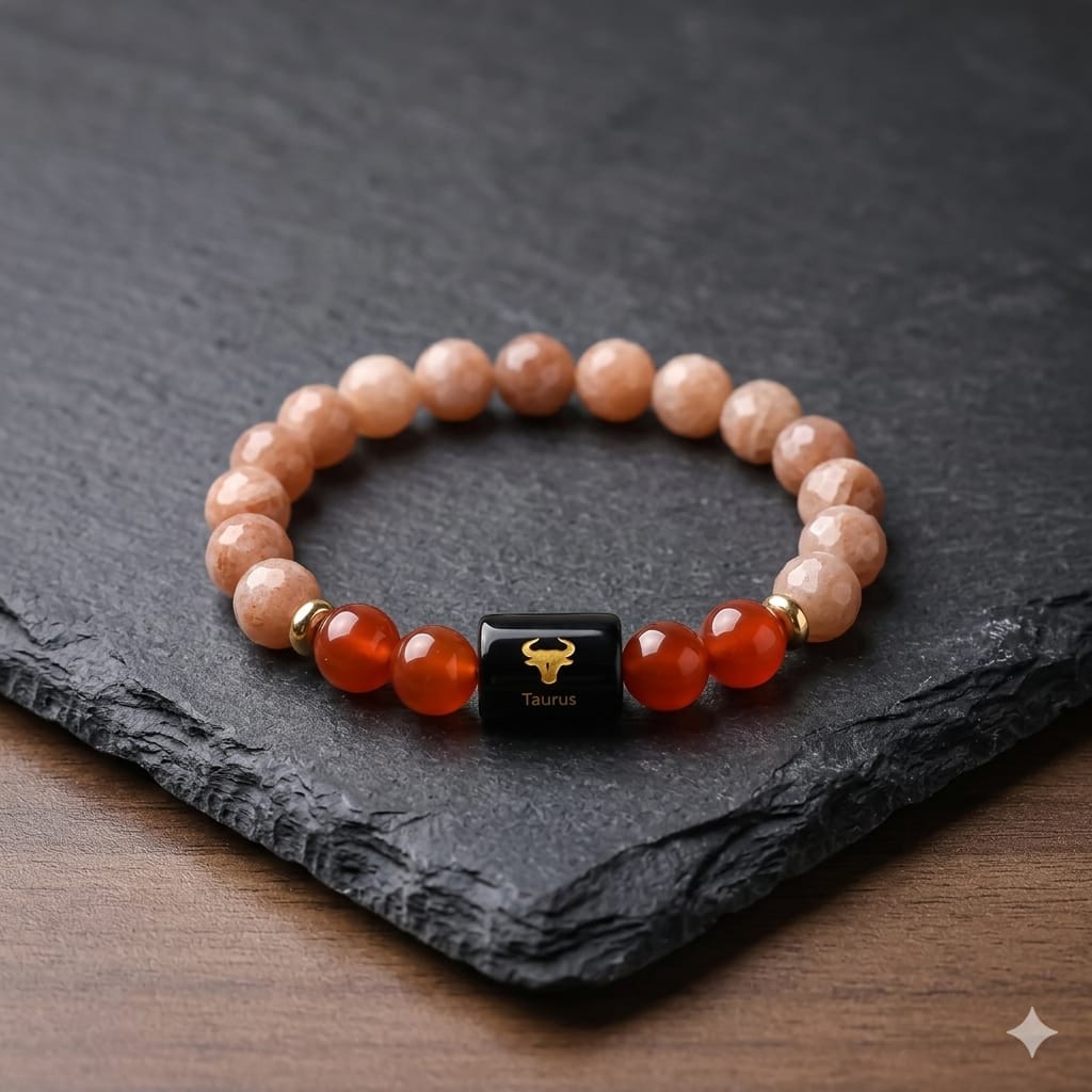 Taurus (वृषभ राशि) Zodiac Sunstone & Carnelian Bracelet  (Bracelet + Free Raw Selenite Tray ✨)