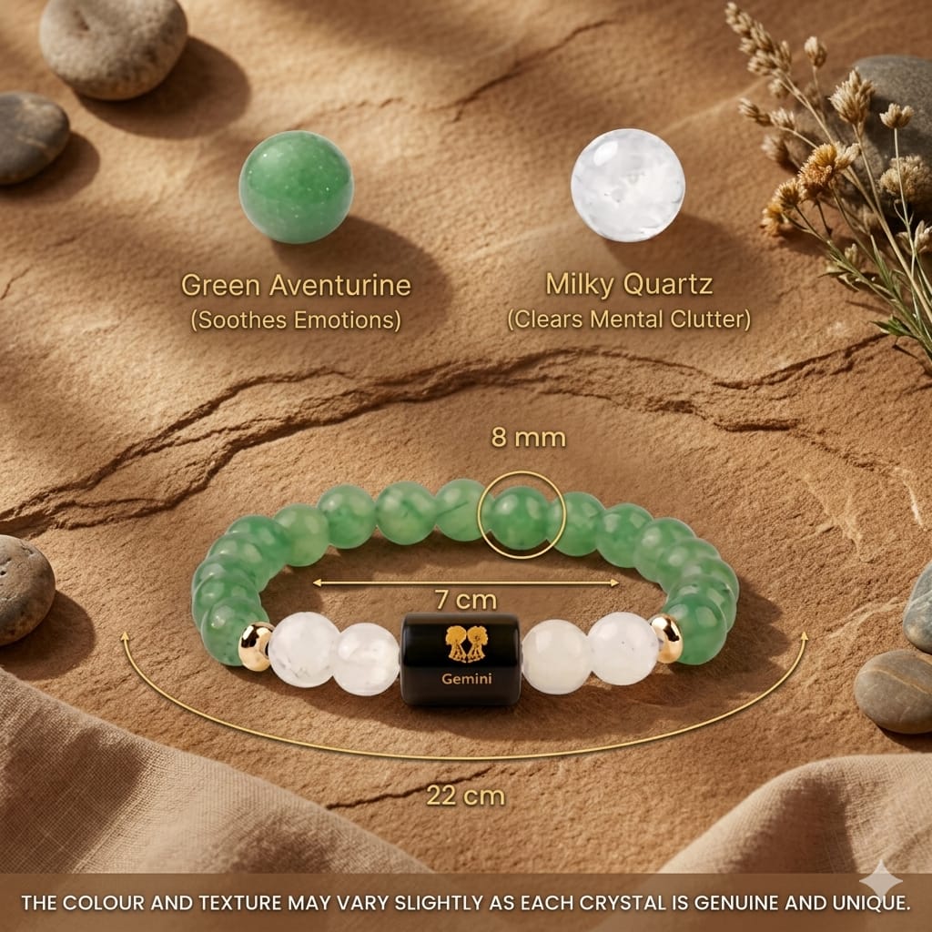 Gemini (मिथुन राशि) Zodiac Green Aventurine & Milky Quartz Bracelet  (Bracelet + FREE Raw Selenite Tray ✨)