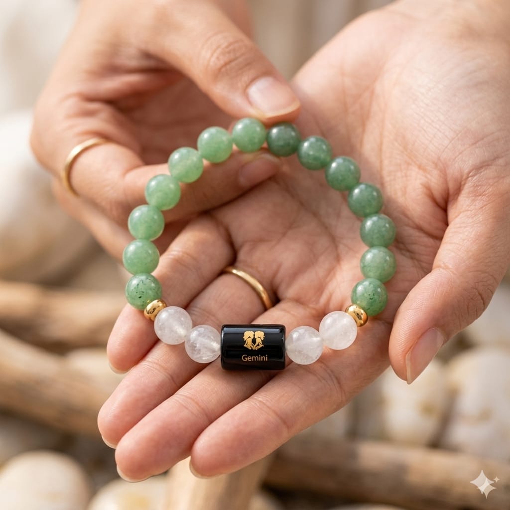 Gemini (मिथुन राशि) Zodiac Green Aventurine & Milky Quartz Bracelet  (Bracelet + FREE Raw Selenite Tray ✨)