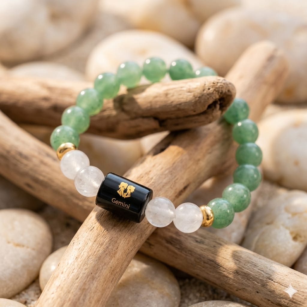 Gemini (मिथुन राशि) Zodiac Green Aventurine & Milky Quartz Bracelet  (Bracelet + FREE Raw Selenite Tray ✨)