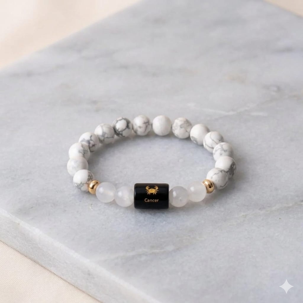 Cancer (कर्क राशि) Zodiac Howlite & Milky Quartz Bracelet  (Bracelet + Free Raw Selenite Tray ✨)