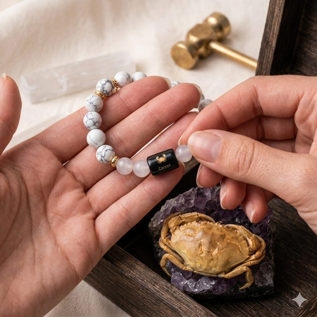 Cancer (कर्क राशि) Zodiac Howlite & Milky Quartz Bracelet  (Bracelet + Free Raw Selenite Tray ✨)