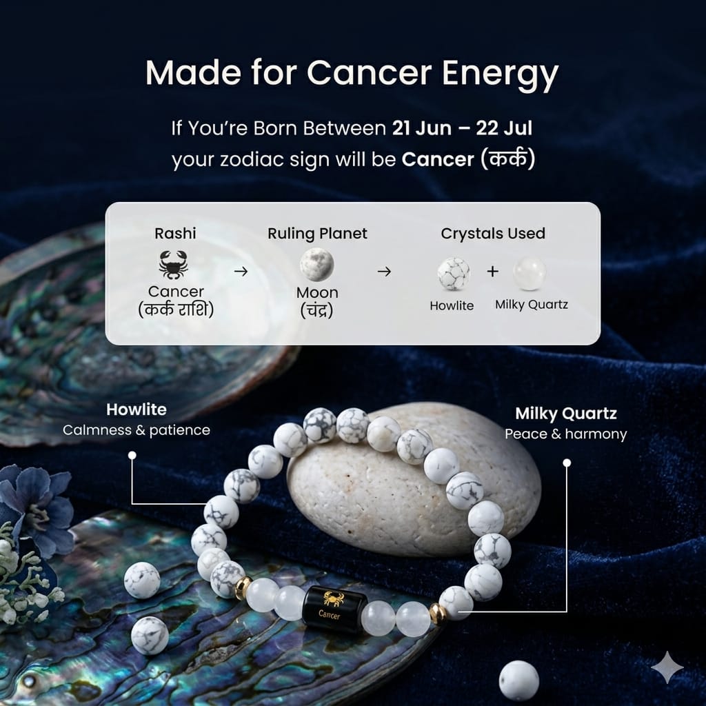 Cancer (कर्क राशि) Zodiac Howlite & Milky Quartz Bracelet  (Bracelet + Free Raw Selenite Tray ✨)