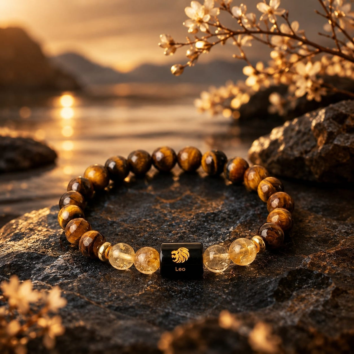 Leo (सिंह राशि) Zodiac Tiger Eye & Citrine Bracelet  (Bracelet + FREE Raw Selenite Tray)