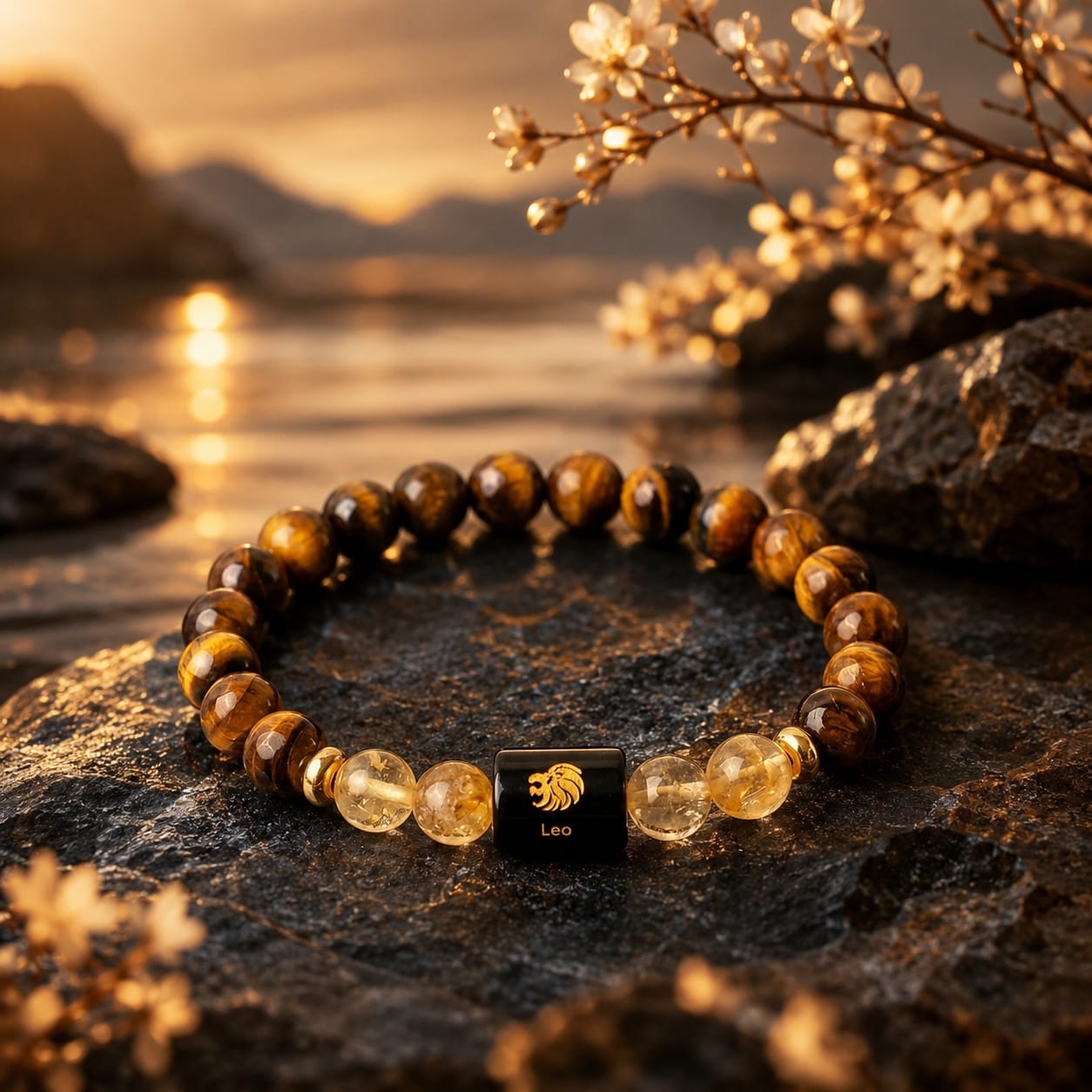 Leo (सिंह राशि) Zodiac Tiger Eye & Citrine Bracelet  (Bracelet + FREE Raw Selenite Tray)