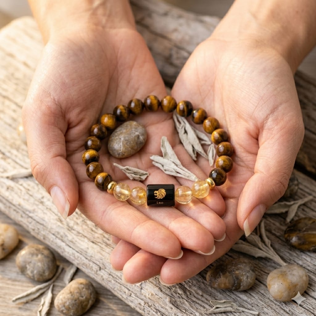 Leo (सिंह राशि) Zodiac Tiger Eye & Citrine Bracelet  (Bracelet + FREE Raw Selenite Tray)