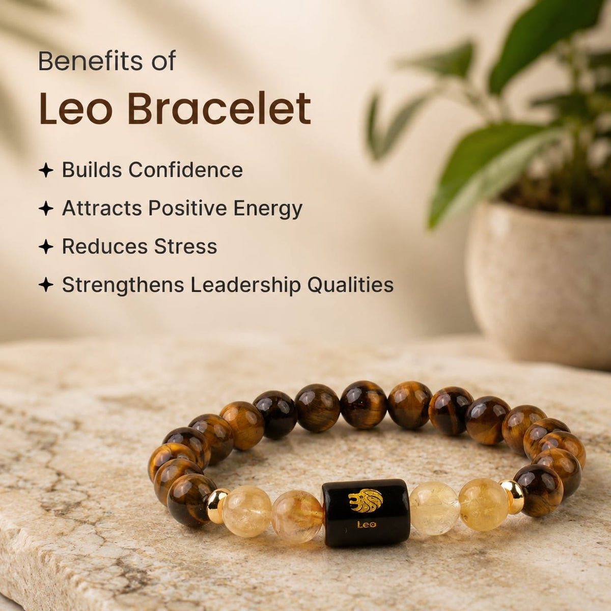 Leo (सिंह राशि) Zodiac Tiger Eye & Citrine Bracelet  (Bracelet + FREE Raw Selenite Tray)