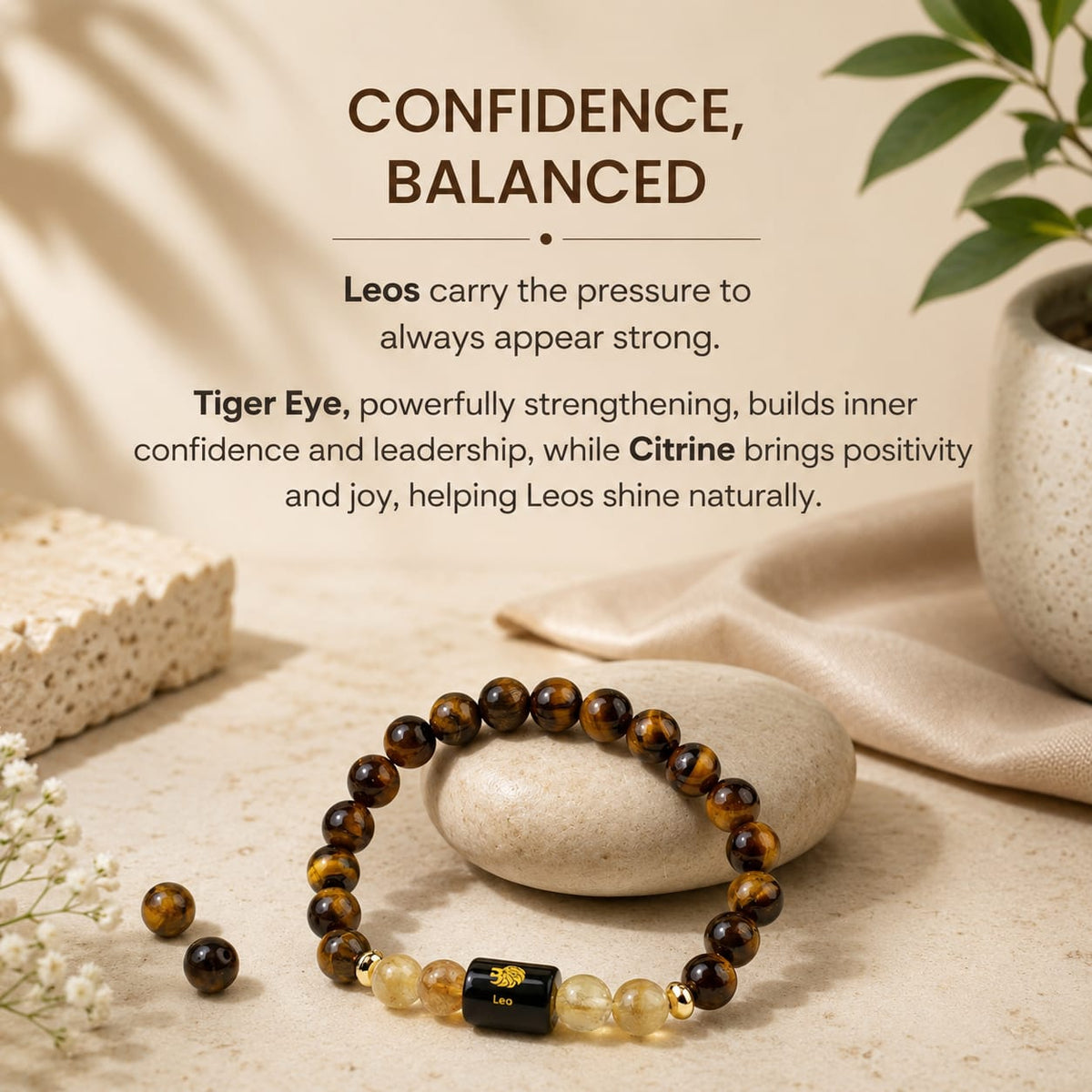 Leo (सिंह राशि) Zodiac Tiger Eye & Citrine Bracelet  (Bracelet + FREE Raw Selenite Tray)