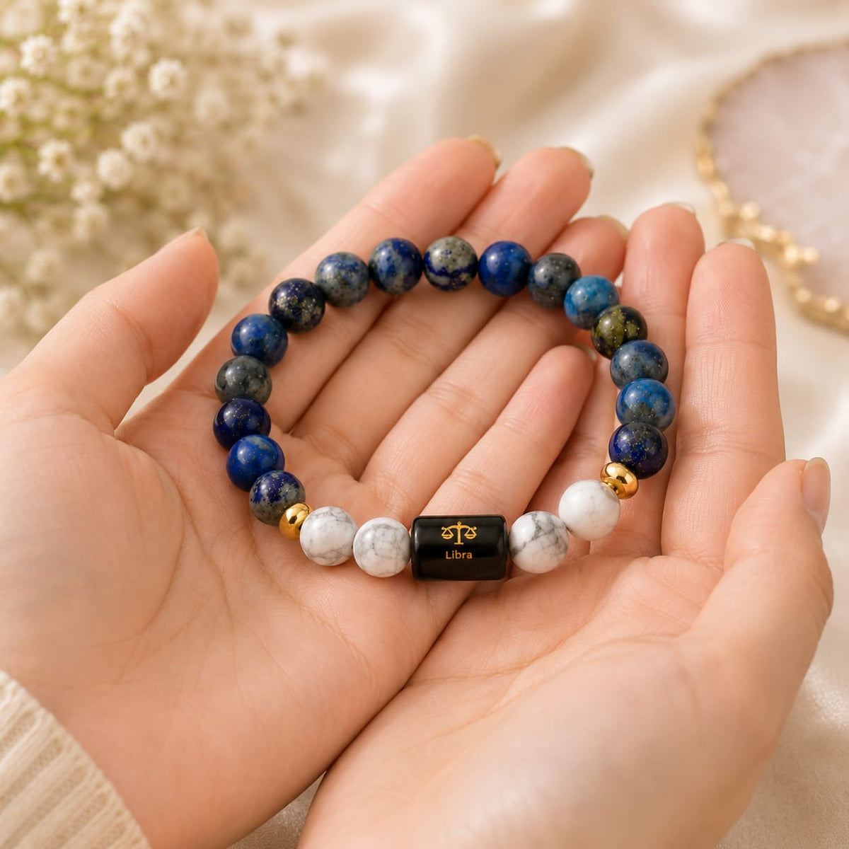 Libra (तुला राशि) Zodiac Lapis Lazuli & Howlite Bracelet (Bracelet + Free Raw Selenite Tray ✨)