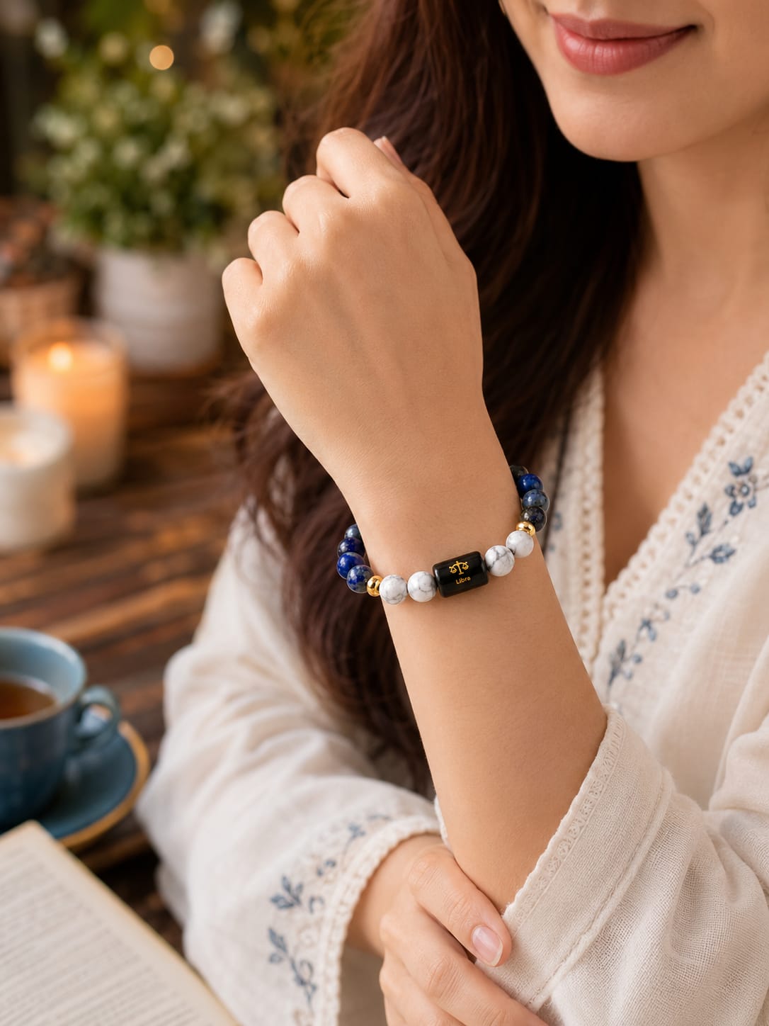 Libra (तुला राशि) Zodiac Lapis Lazuli & Howlite Bracelet (Bracelet + Free Raw Selenite Tray ✨)