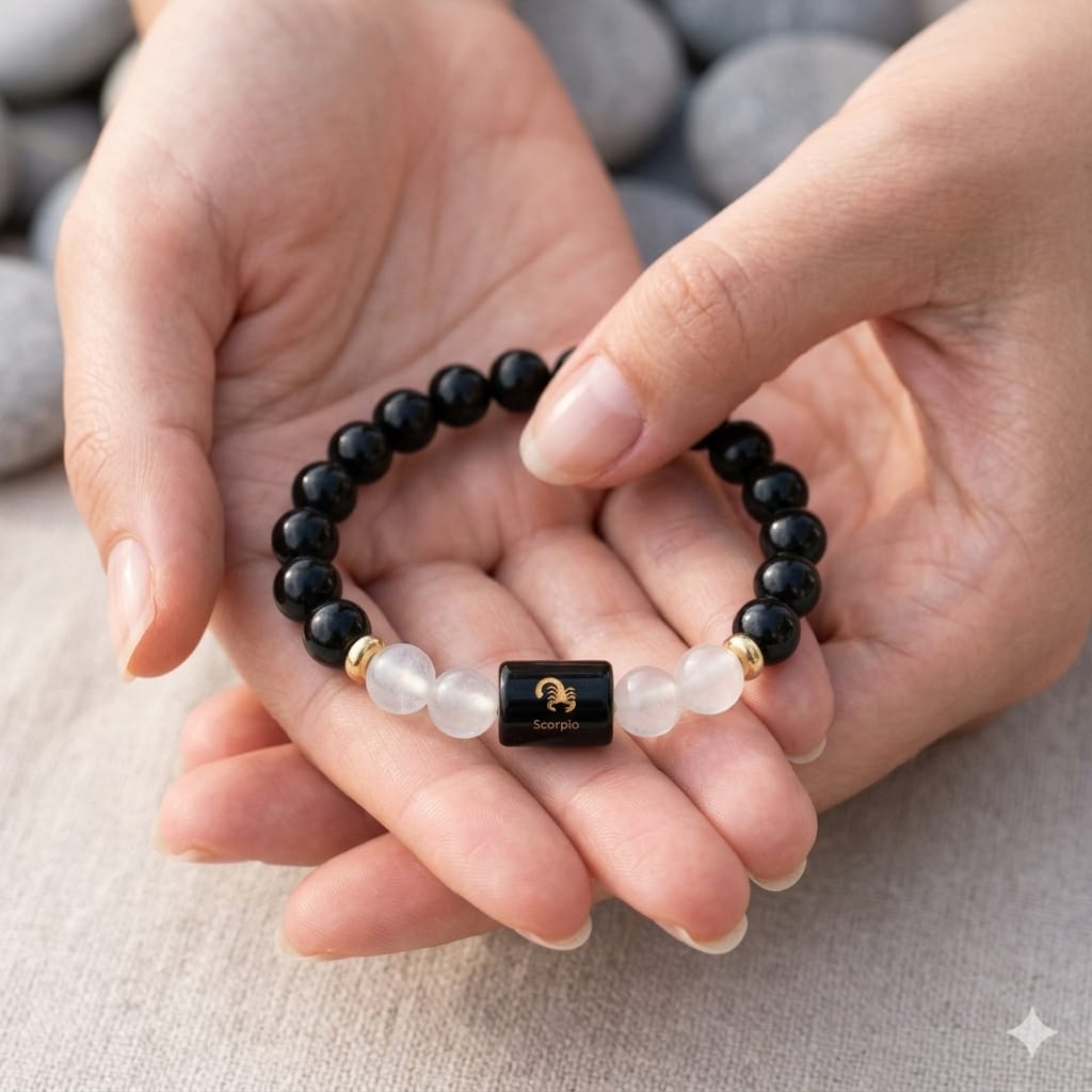 Scorpio (वृश्चिक राशि) Zodiac Black Obsidian & Milky Quartz Bracelet  (Bracelet + FREE Raw Selenite Tray ✨)