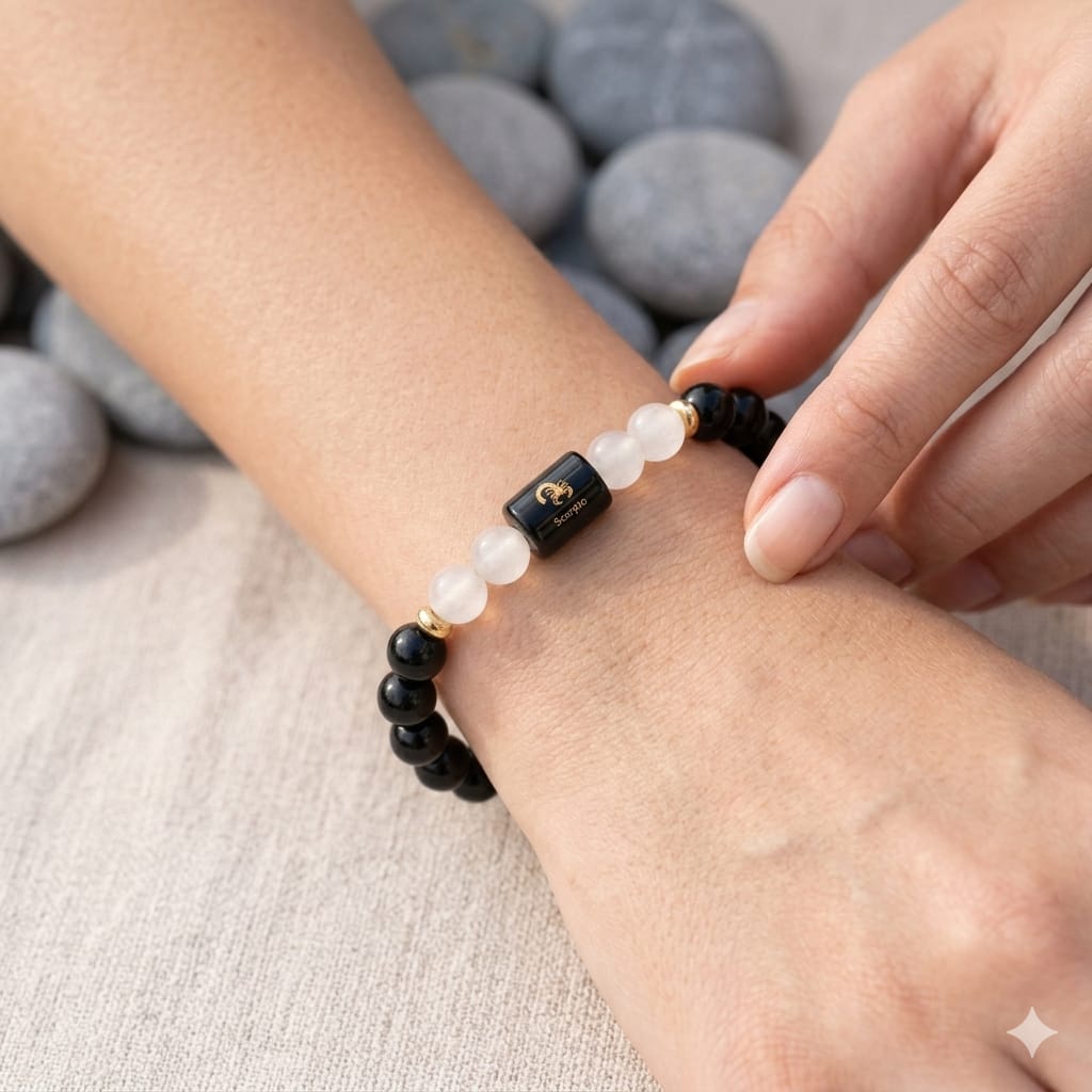 Scorpio (वृश्चिक राशि) Zodiac Black Obsidian & Milky Quartz Bracelet  (Bracelet + FREE Raw Selenite Tray ✨)