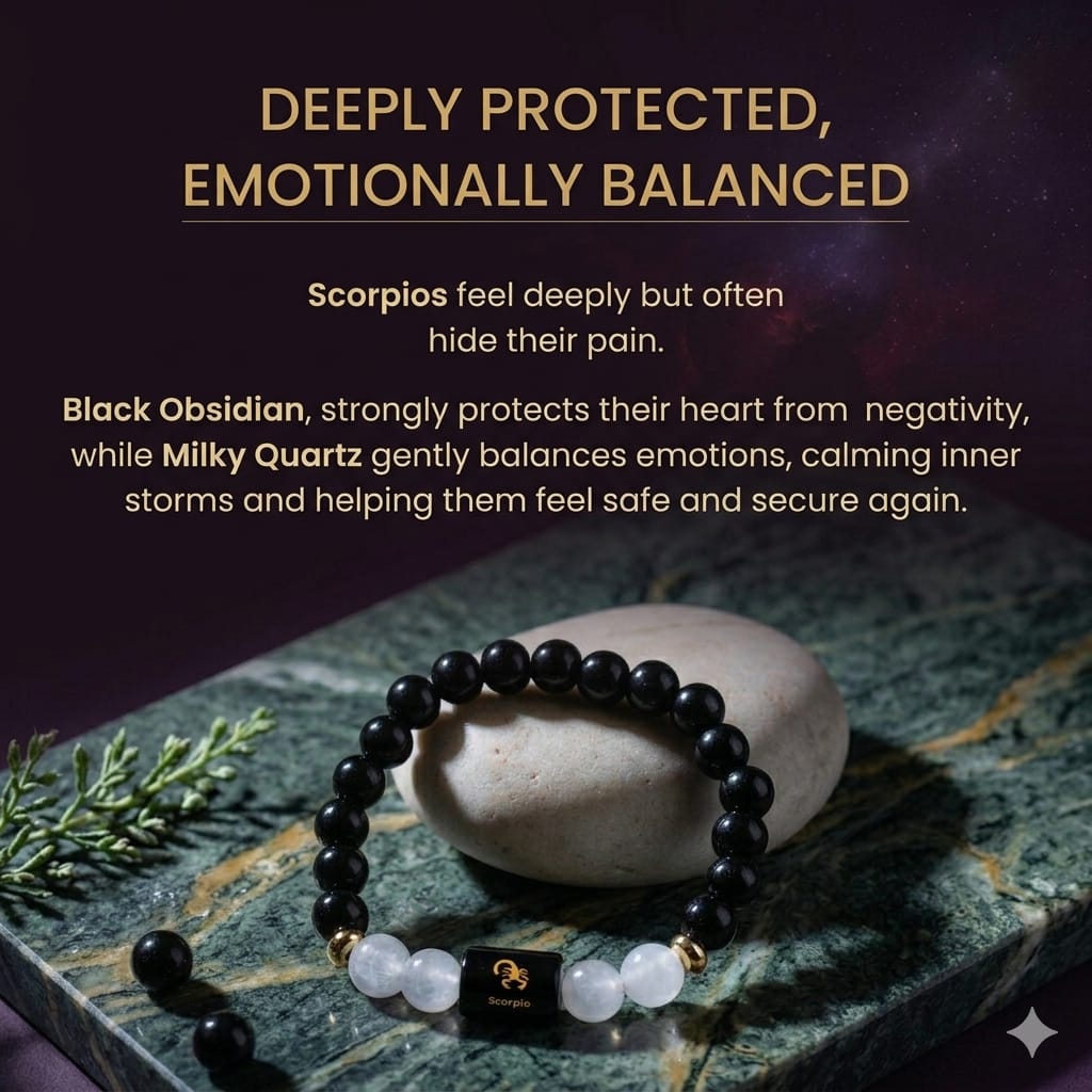 Scorpio (वृश्चिक राशि) Zodiac Black Obsidian & Milky Quartz Bracelet  (Bracelet + FREE Raw Selenite Tray ✨)