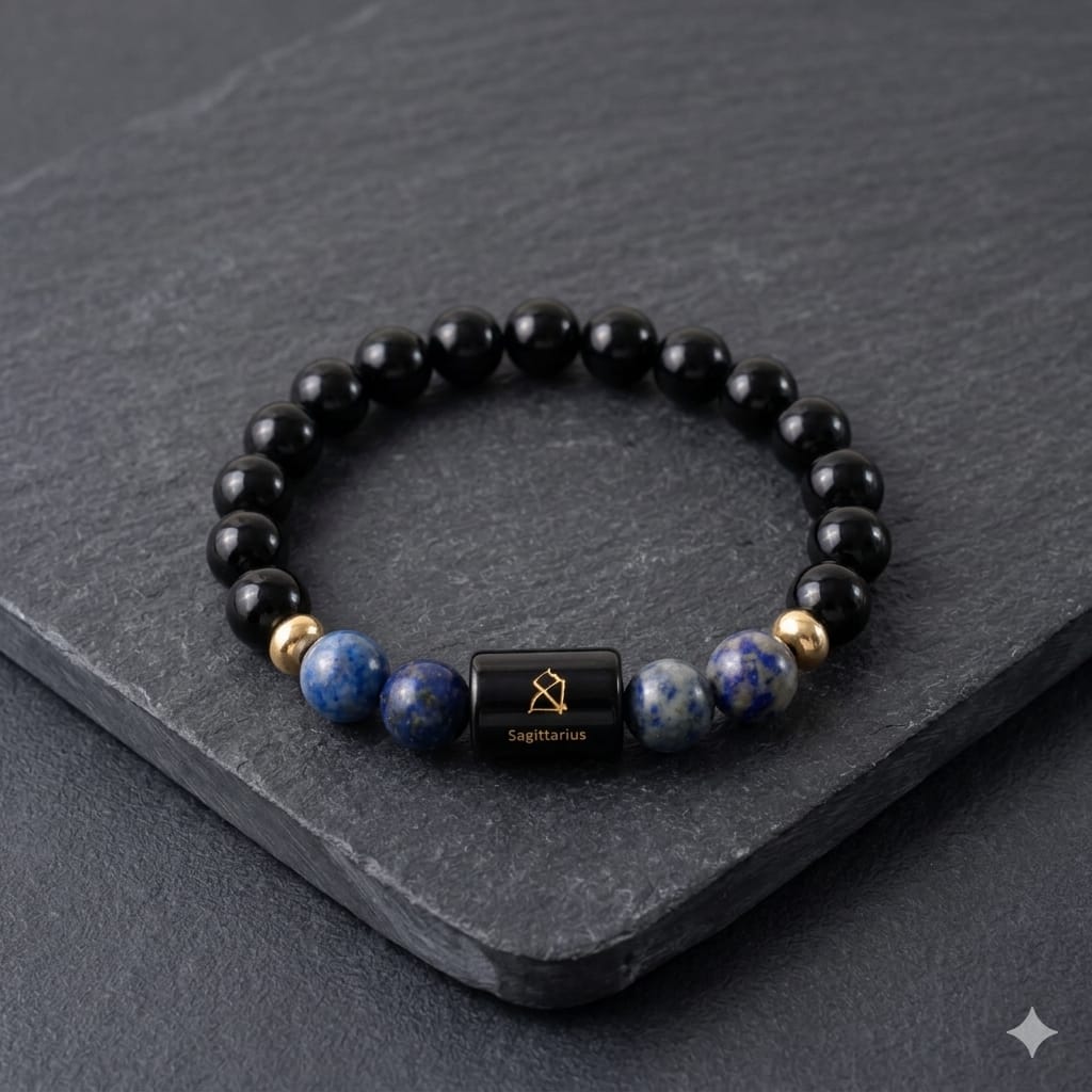 Sagittarius (धनु राशि) Zodiac Black Obsidian & Lapis Lazuli Bracelet  (Bracelet + Free Raw Selenite Tray/Plate ✨)