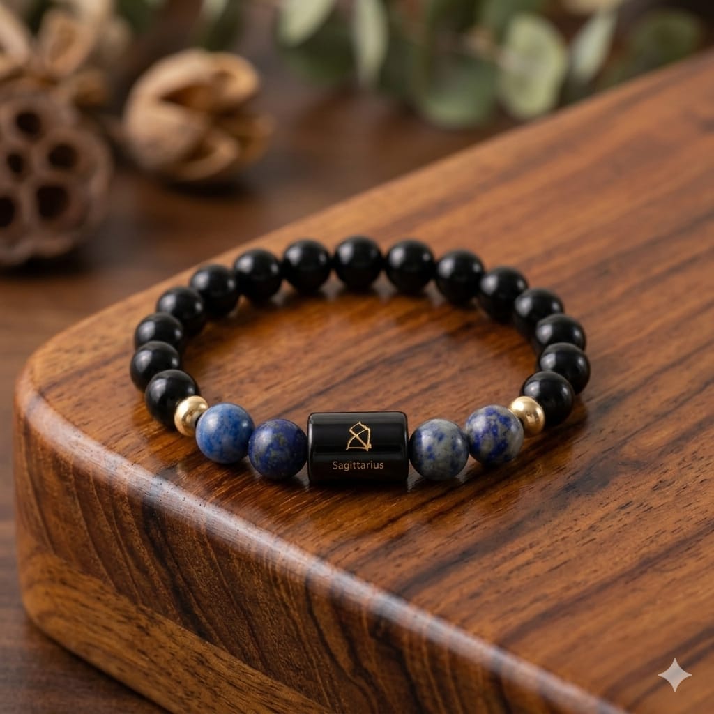 Sagittarius (धनु राशि) Zodiac Black Obsidian & Lapis Lazuli Bracelet  (Bracelet + Free Raw Selenite Tray/Plate ✨)