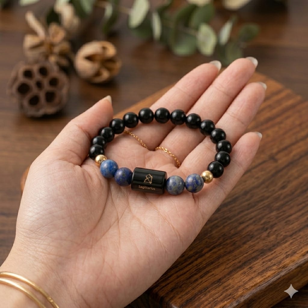 Sagittarius (धनु राशि) Zodiac Black Obsidian & Lapis Lazuli Bracelet  (Bracelet + Free Raw Selenite Tray/Plate ✨)