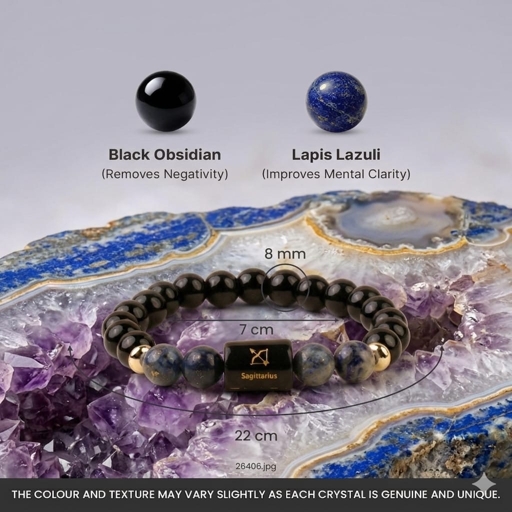 Sagittarius (धनु राशि) Zodiac Black Obsidian & Lapis Lazuli Bracelet  (Bracelet + Free Raw Selenite Tray/Plate ✨)