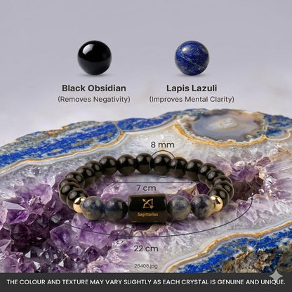 Sagittarius (धनु राशि) Zodiac Black Obsidian & Lapis Lazuli Bracelet  (Bracelet + Free Raw Selenite Tray/Plate ✨)