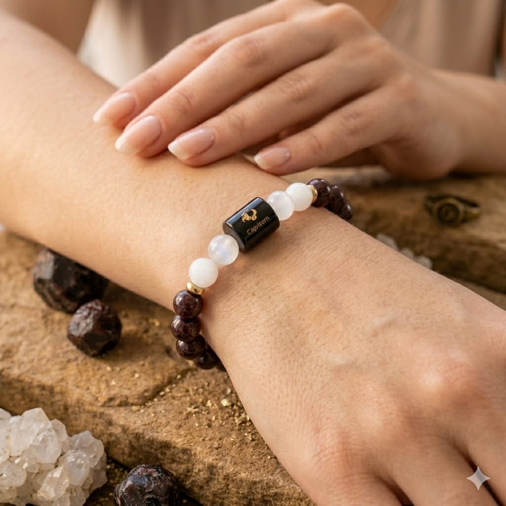 Capricorn (मकर राशि) Zodiac Garnet & Milky Quartz Bracelet  (With FREE Raw Selenite Tray ✨)