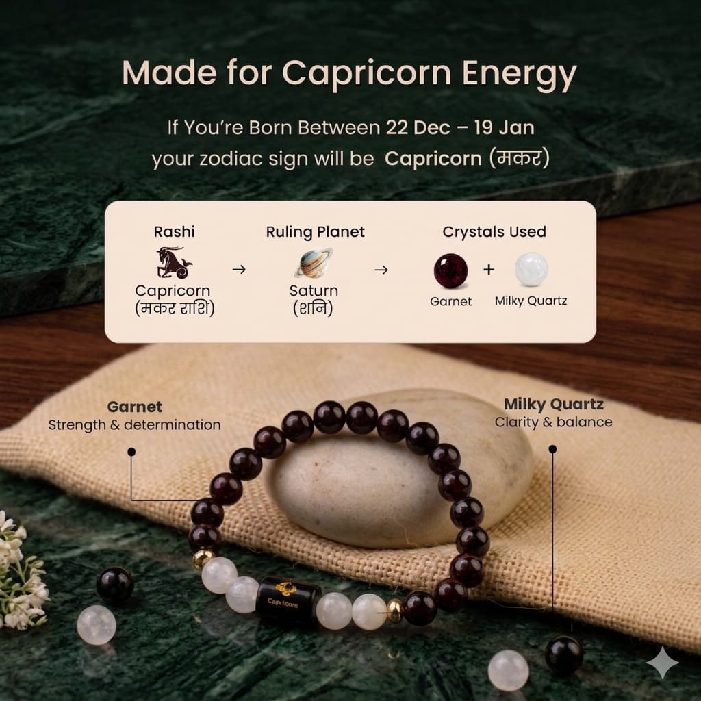 Capricorn (मकर राशि) Zodiac Garnet & Milky Quartz Bracelet  (With FREE Raw Selenite Tray ✨)