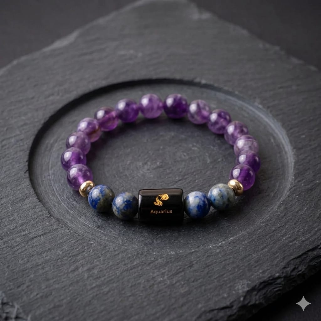 Aquarius (कुंभ राशि) Zodiac Amethyst & Lapis Lazuli Bracelet (Bracelet + Free Raw Selenite Tray ✨)