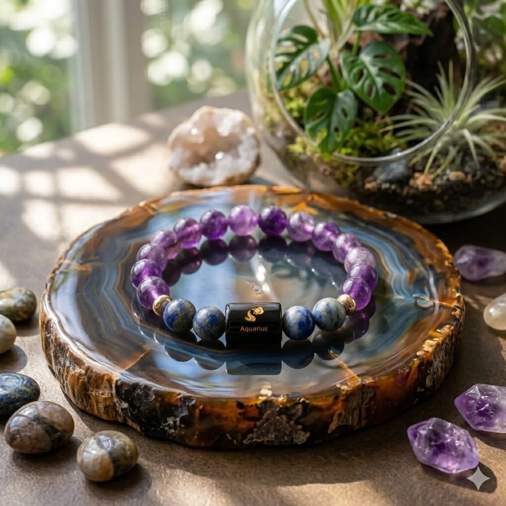 Aquarius (कुंभ राशि) Zodiac Amethyst & Lapis Lazuli Bracelet (Bracelet + Free Raw Selenite Tray ✨)