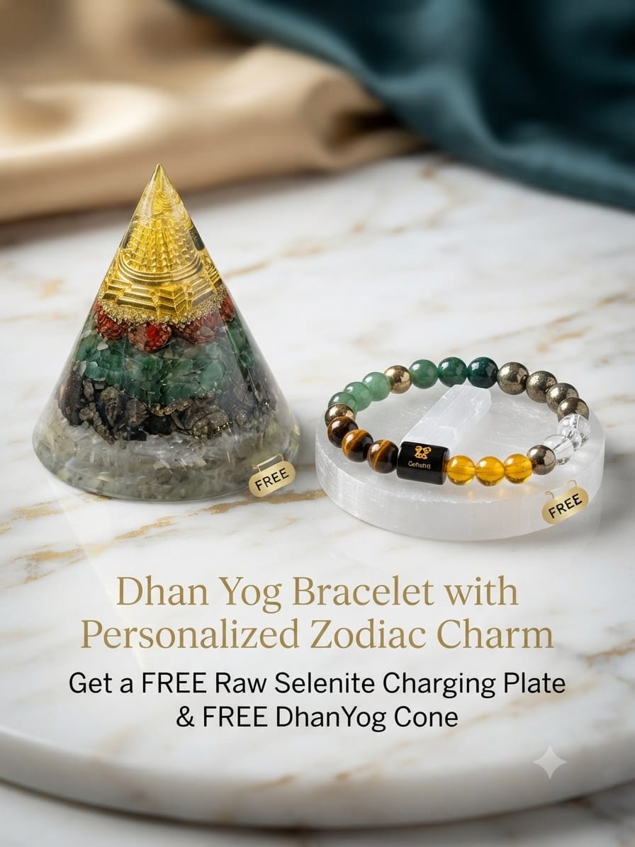 Dhan Yog Bracelet with Personalized Zodiac Charm 🎁 Get a FREE Raw Selenite Charging Plate & FREE DhanYog Self-Charging Cone (Worth ₹999) with Every Bracelet.