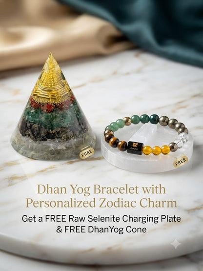Dhan Yog Bracelet with Personalized Zodiac Charm 🎁 Get a FREE Raw Selenite Charging Plate & FREE DhanYog Self-Charging Cone (Worth ₹999) with Every Bracelet.
