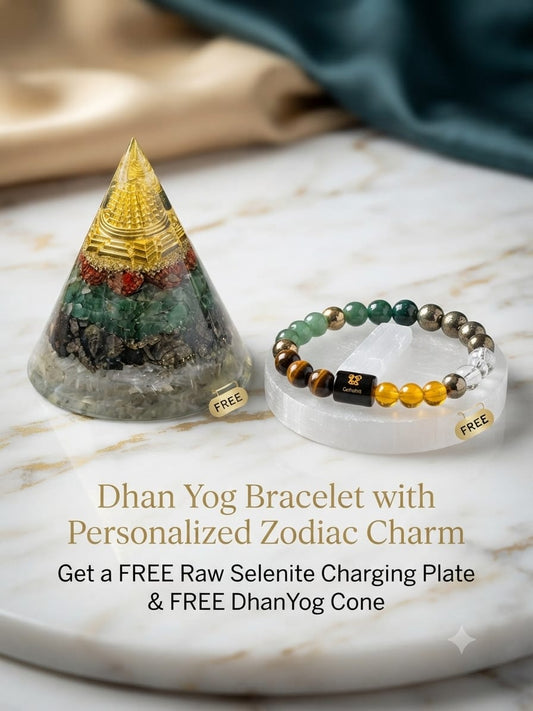Dhan Yog Bracelet with Personalized Zodiac Charm 🎁 Get a FREE Raw Selenite Charging Plate & FREE DhanYog Self-Charging Cone (Worth ₹999) with Every Bracelet.
