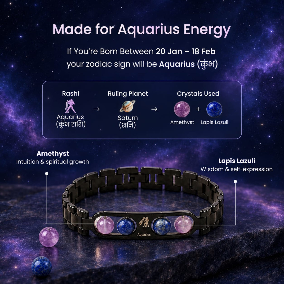 Aquarius Zodiac Metal Bracelet with Free Raw Selenite Plate