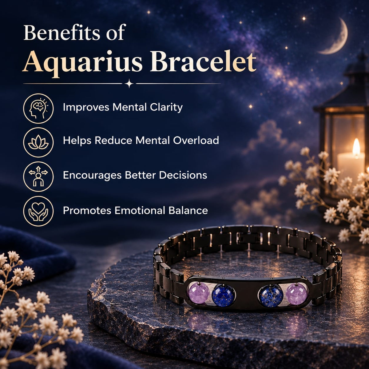 Aquarius Zodiac Metal Bracelet with Free Raw Selenite Plate