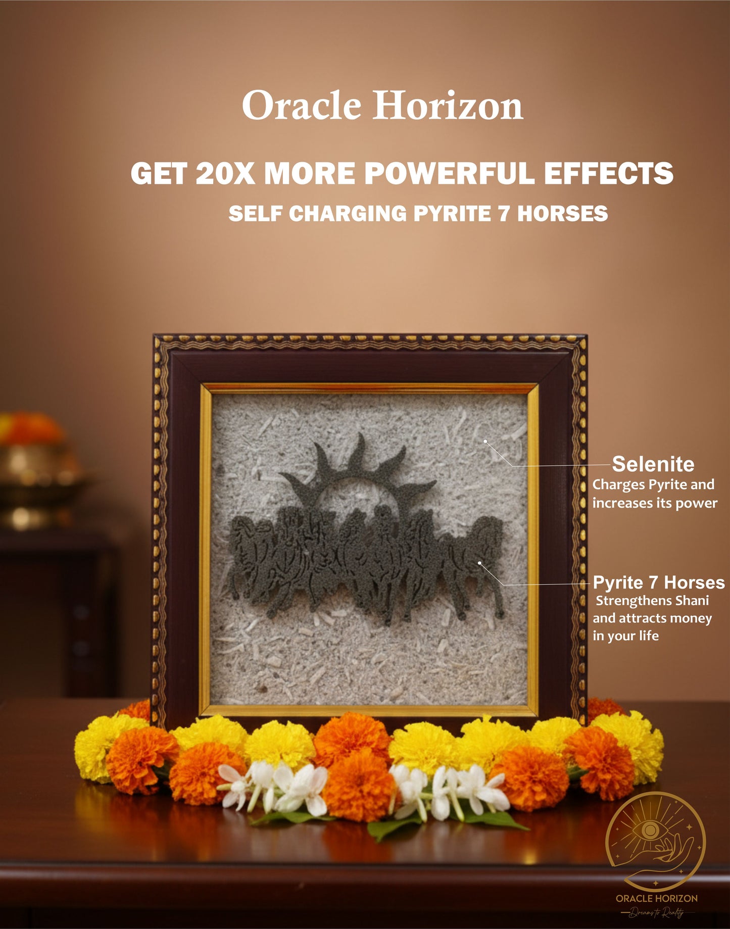 Pyrite 7 Horses on Selenite Frame – India’s First Self-Charging Pyrite 7 Horses Frame - 20X Energy Amplification