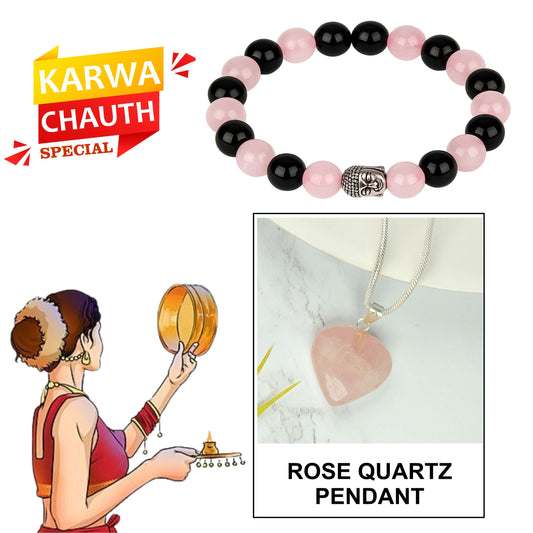 Karwa Chauth Divine Love Hamper – Rose Quartz & Obsidian Bracelet + Pendant Set
