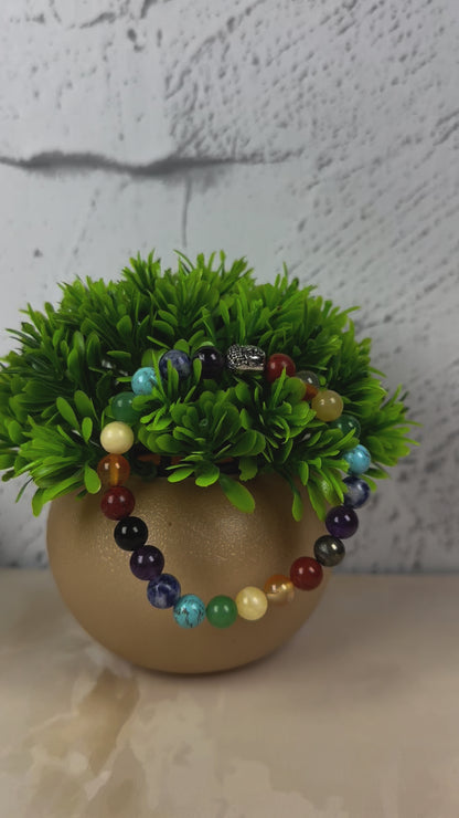 Super 9 Chakra 8 mm Red Jasper, Carnelian, Yellow Aventurine, Green Aventurine, Turquoise, Sodalite, Amethyst, Pyrite, and Black Onyx  Bracelet